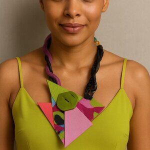 Nita Angeletti OOAK Artisan Modernist MOSAIC TANGO LEATHER NECKLACE